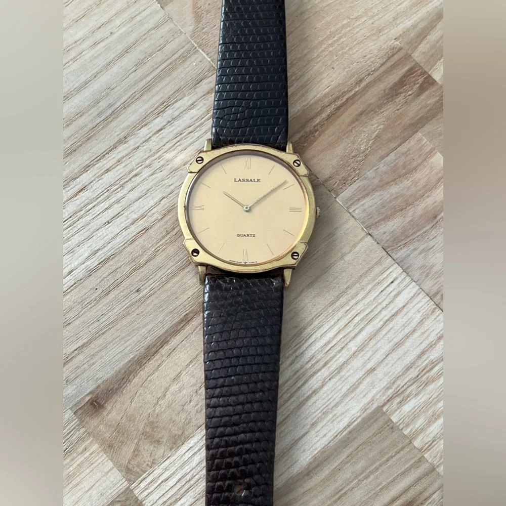 Lassale Super Rare Watch Hardy-Roma Leather Strap Gold-Tone Case, Dial, Hands
